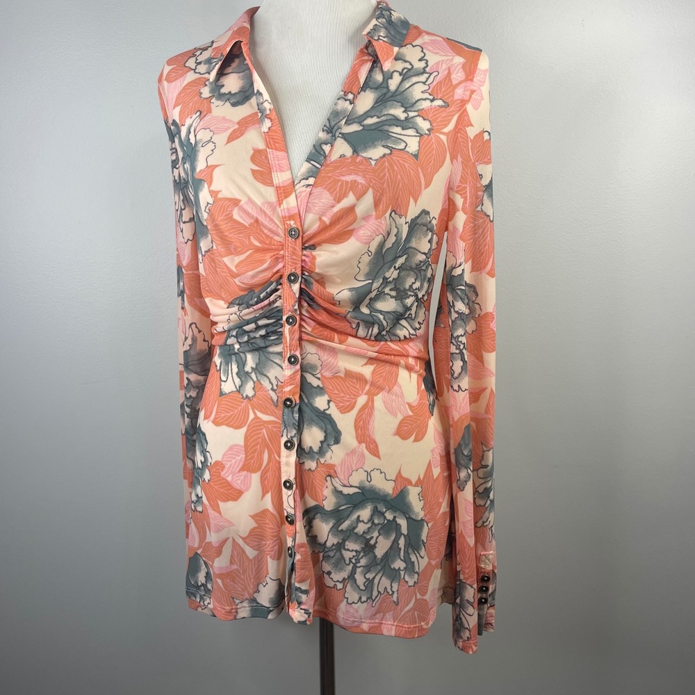Free People Lucky Shirtee Floral Mesh Ruched‎ Button Front Long Sleeve Top Large - Picture 4 of 15